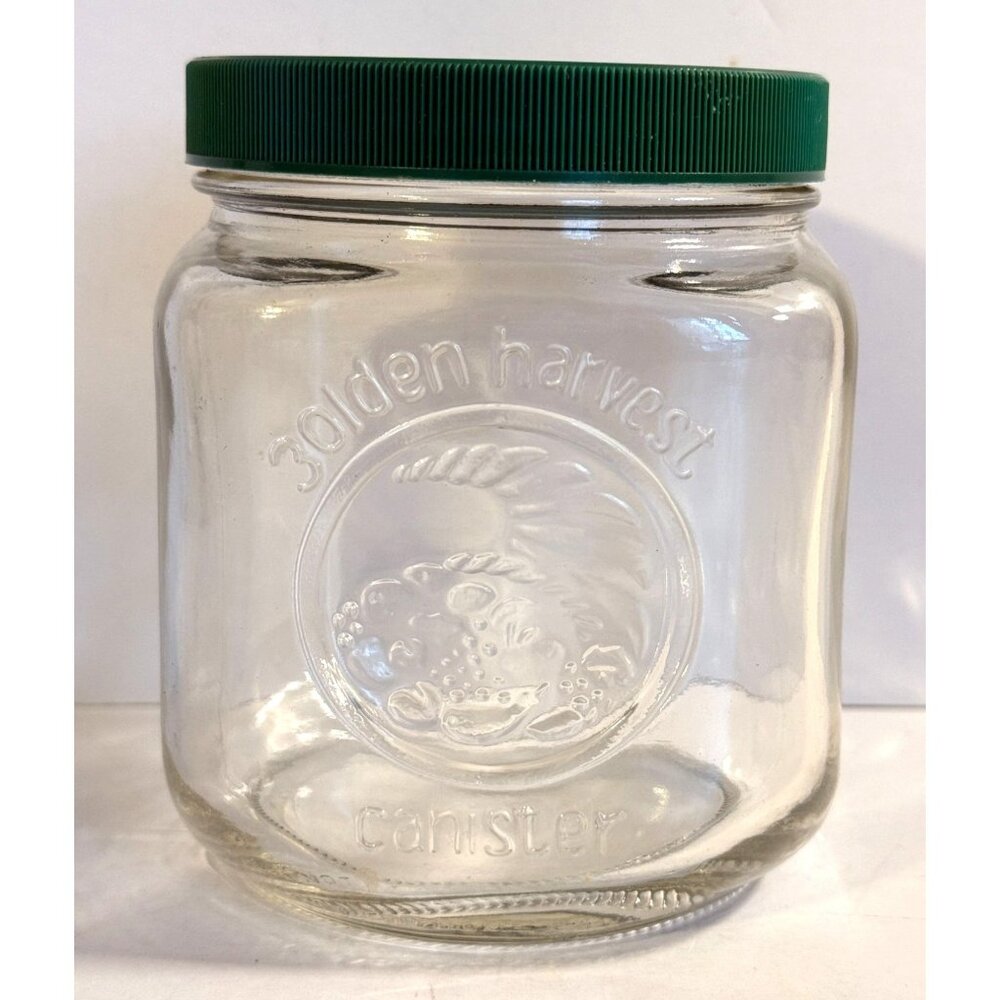 Vintage Golden Harvest Glass Storage Canister Farmhouse Kitchen Green Lid 5x4